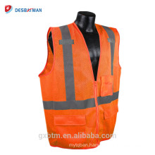 ANSI Hi-Visibillity Orange 100% Polyester Mesh Reflective Safety Vest With Zipper And Inside Tablet Pockets